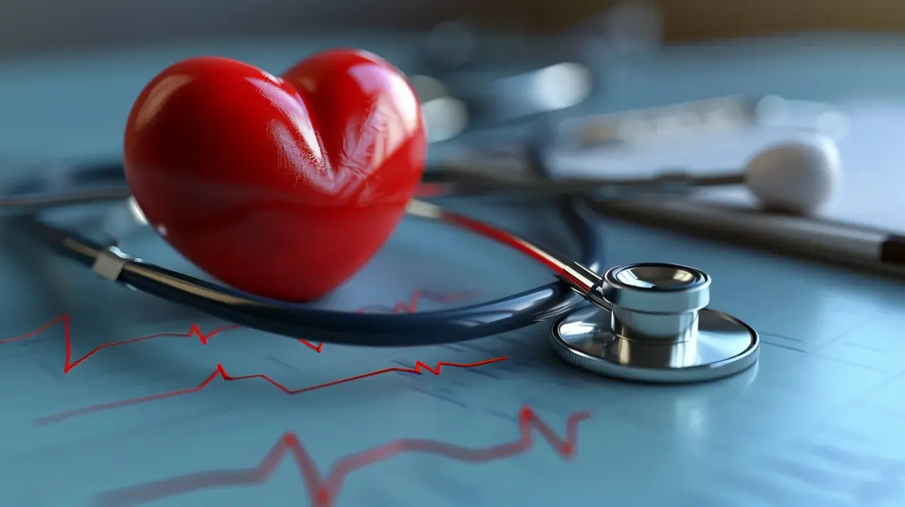 Czerwone serce, stetoskop i wykres EKG. Puls 72 co oznacza? Prawidłowy rytm serca, zdrowie.