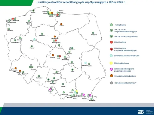 Mapa ZUS z 2026 r. pokazuje ośrodki rehabilitacyjne. Brązowe kółka oznaczają miejsca, gdzie ZUS wysyła do sanatorium na narząd głosu, np. w Świeradowie-Zdroju.