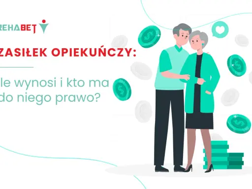 Zasiłek opiekuńczy nad starszą osobą: ile wynosi i kto ma do niego prawo? Ilustracja przedstawia parę seniorów i monety.