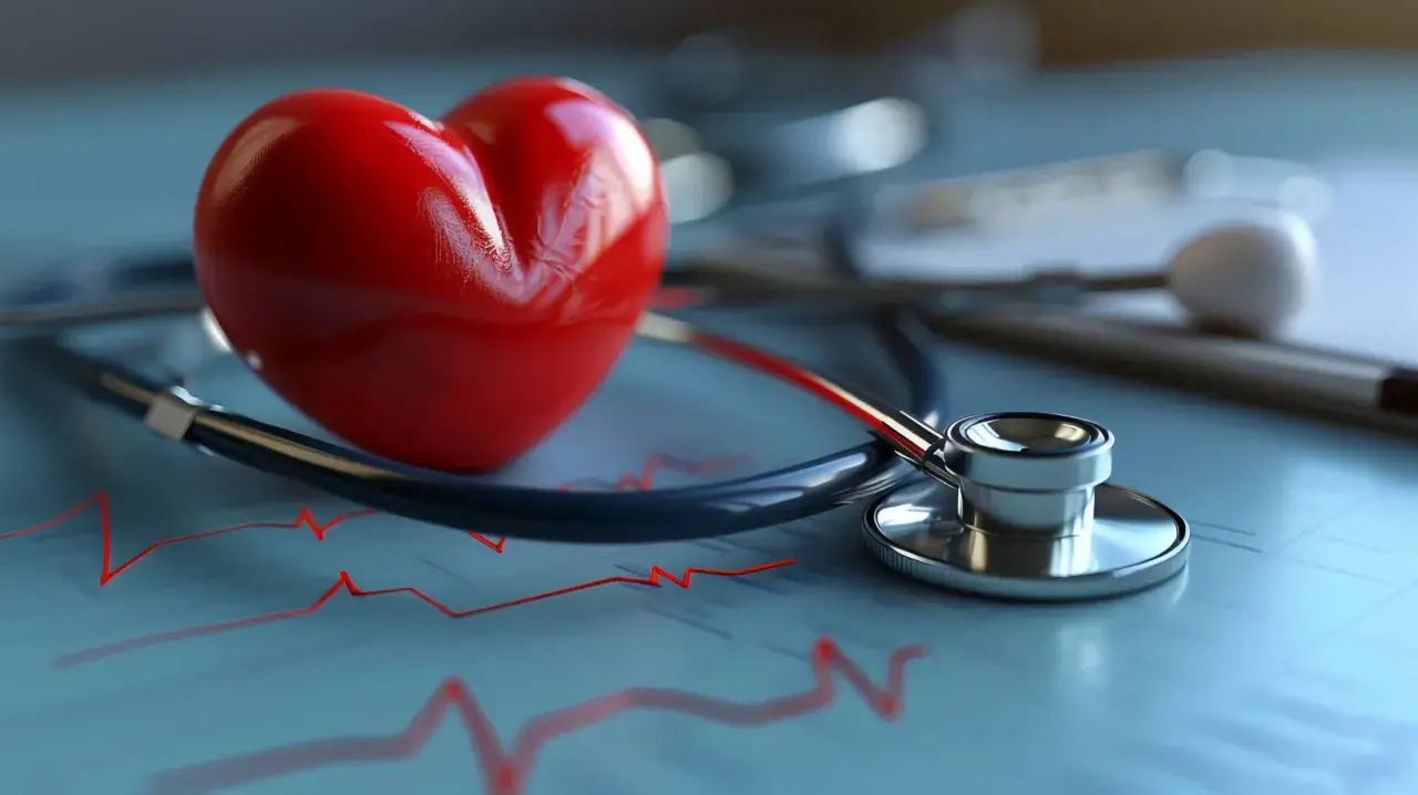 Czerwone serce, stetoskop i wykres EKG. Puls 72 co oznacza? Prawidłowy rytm serca, zdrowie.