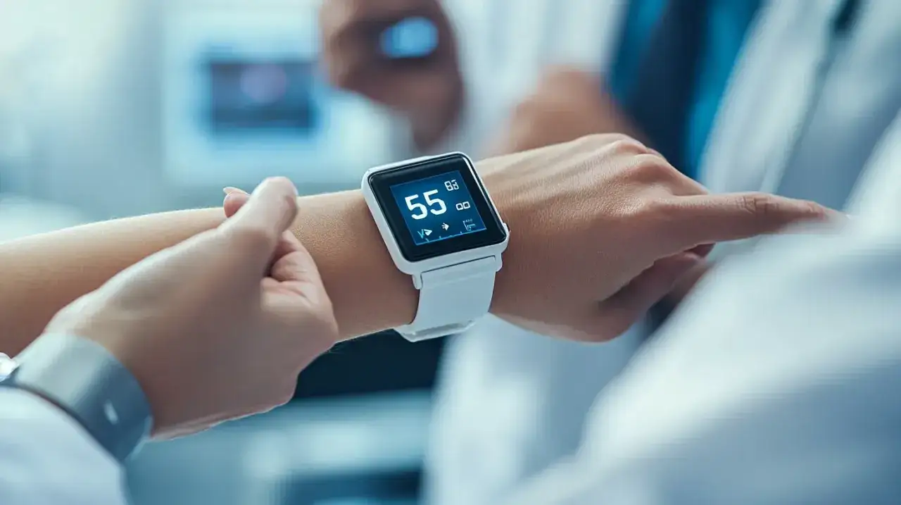 Biały smartwatch pokazuje puls 55. To oznacza, że serce pracuje spokojnie.