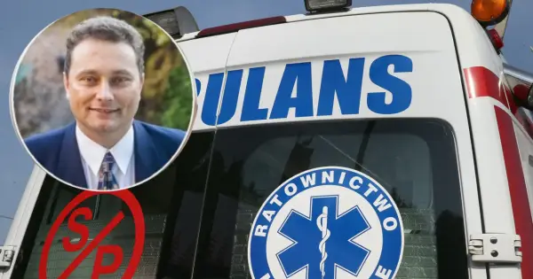 Mężczyzna w garniturze na tle karetki. Może to symbolizować nagły przypadek, jak bardzo wysokie ciśnienie u starszej osoby, wymagający interwencji ratunkowej.